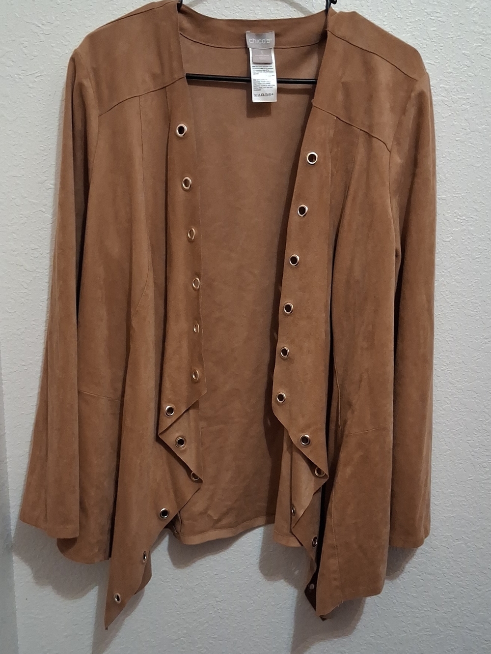 Chico's Tan Suede-Look Open Front Grommet Draped Jacket Gold Detail 16/18